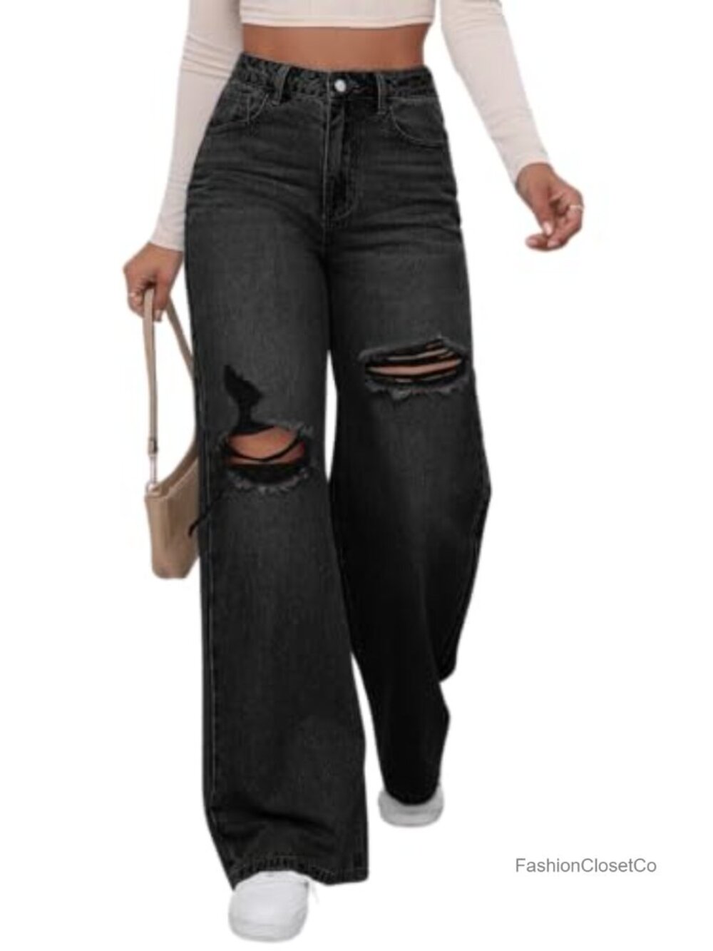 High Waisted Ripped Wide Leg Baggy Jeans Distressed Denim Pants